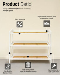 Keplin 3 Tier Bamboo And Rattan Shoe Rack Organiser, Compact Design For Hallway, Stylish And Functional Storage- White And Natural - thumbnail 5