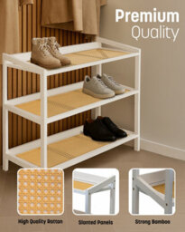 Keplin 3 Tier Bamboo And Rattan Shoe Rack Organiser, Compact Design For Hallway, Stylish And Functional Storage- White And Natural - thumbnail 4
