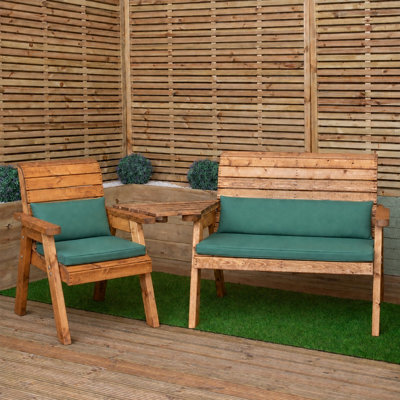 Samuel Alexander 3 Seater Chunky Rustic Wooden Garden Furniture Set With Angled Tray & Green Cushions - image 1