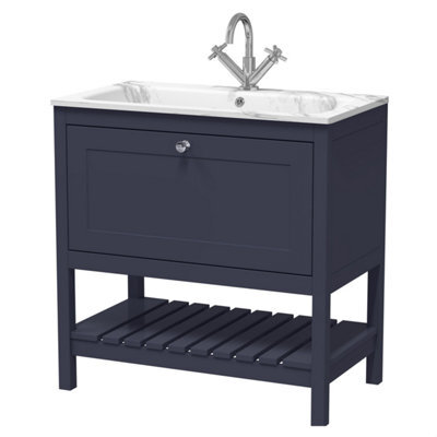 Balterley Coppenhall Contemporary 1 Drawer Floor Standing Vanity Unit With Stone Basin, Indigo Blue, 800mm - image 1