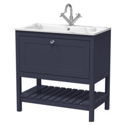 Balterley Coppenhall Contemporary 1 Drawer Floor Standing Vanity Unit With Stone Basin, Indigo Blue, 800mm - thumbnail 1