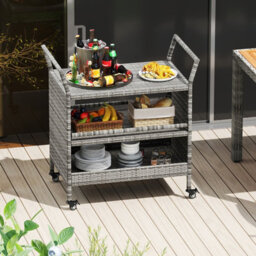 Gainoom Outdoor Mix Grey Bar Cart 3-Tier Patio Rattan Storage Shelf With Wheels - thumbnail 5