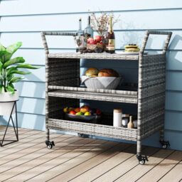 Gainoom Outdoor Mix Grey Bar Cart 3-Tier Patio Rattan Storage Shelf With Wheels - thumbnail 4