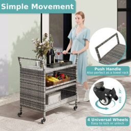 Gainoom Outdoor Mix Grey Bar Cart 3-Tier Patio Rattan Storage Shelf With Wheels - thumbnail 7