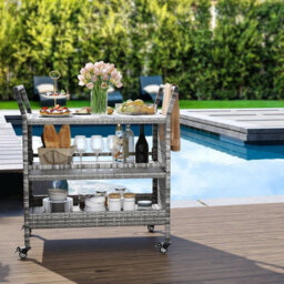 Gainoom Outdoor Mix Grey Bar Cart 3-Tier Patio Rattan Storage Shelf With Wheels - thumbnail 3