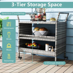 Gainoom Outdoor Mix Grey Bar Cart 3-Tier Patio Rattan Storage Shelf With Wheels - thumbnail 9
