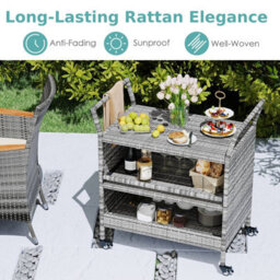 Gainoom Outdoor Mix Grey Bar Cart 3-Tier Patio Rattan Storage Shelf With Wheels - thumbnail 8