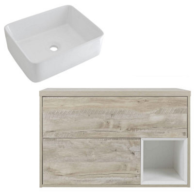 Homestylestore 800mm Light Oak Led Lit Wall Hung Bathroom Vanity Unit With Rectangular Countertop Basin - image 1