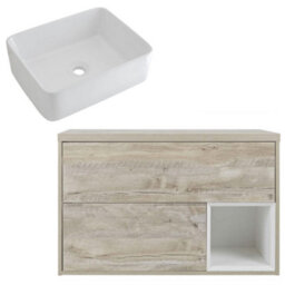 Homestylestore 800mm Light Oak Led Lit Wall Hung Bathroom Vanity Unit With Rectangular Countertop Basin - thumbnail 1