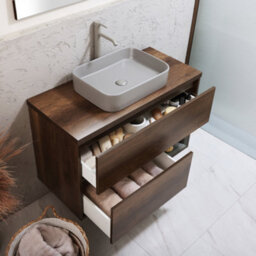 Homestylestore Dark Oak 1000mm Led Lit Wall Hung Bathroom Vanity Unit With Rectangular Pebble Countertop Basin - thumbnail 2