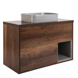 Homestylestore Dark Oak 1000mm Led Lit Wall Hung Bathroom Vanity Unit With Rectangular Pebble Countertop Basin - thumbnail 1