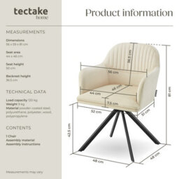 Tectake 1 Lounge Armchair Living Room Accent Chair 360 Swivel Slim Steel Legs Velvet Fabric   - Cream/black - thumbnail 6