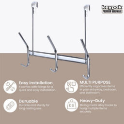 Keypak Over The Door Hook Rack - 3 Black Nickel Double Hooks - 29Cm Wide For Hanging Storage For Coats, Towels, Scarves, Bags - thumbnail 2