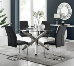 Furniturebox Uk Vogue Large Round Chrome Metal Clear Glass Dining Table And 4 Black Lorenzo Dining Chairs Set - thumbnail 1