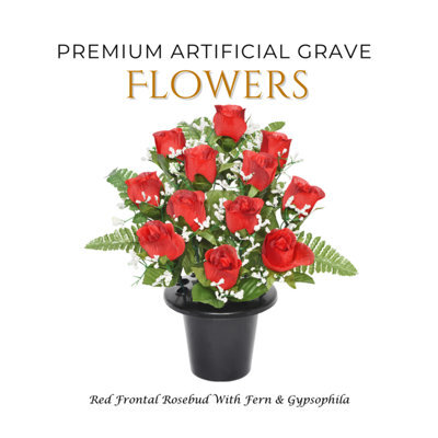 Premium Artificial Grave Flowers - 29Cm Red Frontal Rosebud With Fern & Gypsophila Memorial Vase Pot