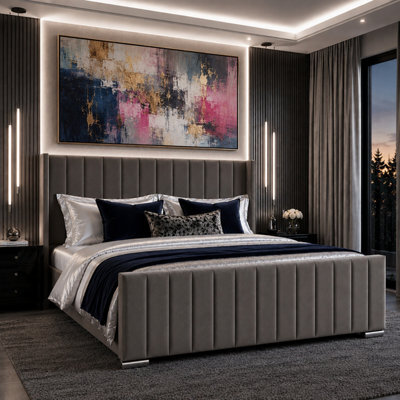 Harmin Luxury 5Ft King Steel Plush Velvet Ottoman Winged Bed - image 1