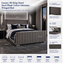 Harmin Luxury 5Ft King Steel Plush Velvet Ottoman Winged Bed - thumbnail 2