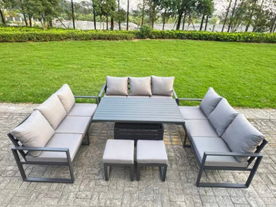 Fimous U-Shaped Garden Furniture Set 11-Seater Aluminium With Adjustable Rising Lifting Dining Table 2 Small Footstools Dark Grey - image 1