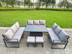 Fimous U-Shaped Garden Furniture Set 11-Seater Aluminium With Adjustable Rising Lifting Dining Table 2 Small Footstools Dark Grey - thumbnail 1