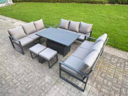 Fimous U-Shaped Garden Furniture Set 11-Seater Aluminium With Adjustable Rising Lifting Dining Table 2 Small Footstools Dark Grey - thumbnail 2