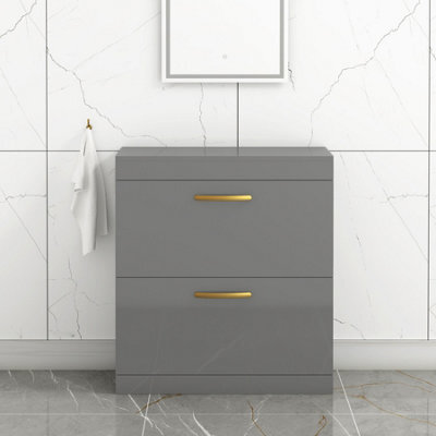 Royal Bathrooms Turin 800mm Indigo Grey Gloss Floor Standing Worktop Vanity Unit - 2 Drawer With Brushed Brass Handle - image 1