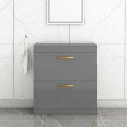 Royal Bathrooms Turin 800mm Indigo Grey Gloss Floor Standing Worktop Vanity Unit - 2 Drawer With Brushed Brass Handle - thumbnail 1
