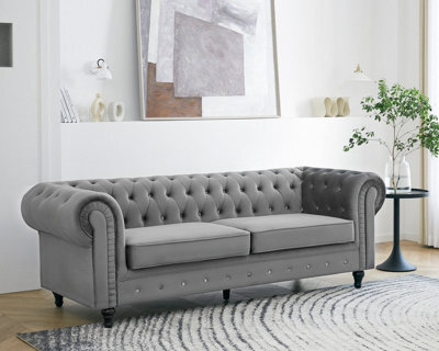 Home Detail Chesterfield Pleat Velvet Fabric 3 Seater Sofa, Grey - image 1