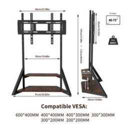 Fativo  Universal Floor Tv Stand 40-75In Tv Cart With 2 Tier Wood Shelves Height Adjustable 122Cm To 145Cm, W/ Wheels - thumbnail 2
