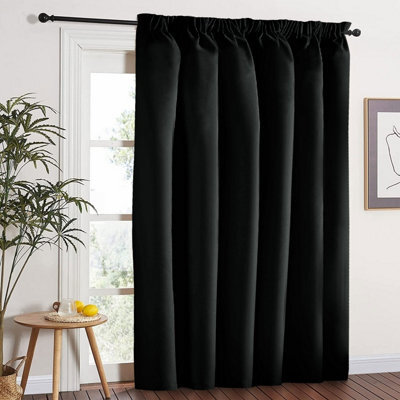 Aspire Homeware Black Plain Blackout Curtain Room Darkening Pencil Pleat Door Curtain Single Panel (W) 168Cm X (D)213Cm - image 1