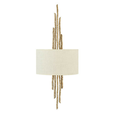 Elegant Twin Wall Light With Hand Hammered Twig Design And White Shade In Champagne Gold Finish