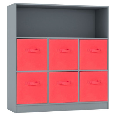 Urbn-Living Urbnliving Height 94Cm Wooden Wide Grey 7 Cube Bookcase With Red 6 Drawers Baskets Storage Unit Shelves - image 1