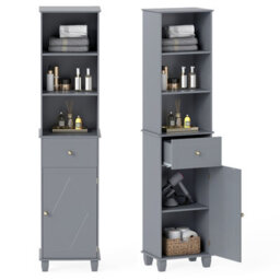 Costway 172 Cm Tall Bathroom Cabinet Freestanding Narrow Cabinet-Grey