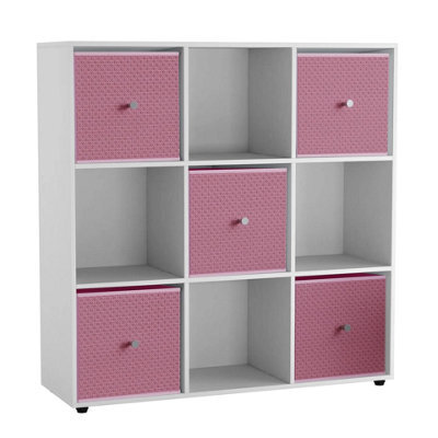 Urbn-Living 9  Cube White Wooden Bookcase Shelving Unit With 5 Collapsible Fabric Drawers Pastel Pink - image 1