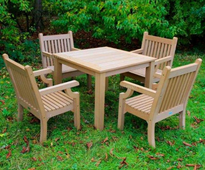 Maintenance Free Synthetic Wood 5 Piece Outdoor Dining Set With 4 Armchairs And Square Table, Teak Finish - image 1