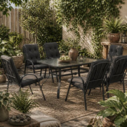 Wyld Haus Sahale 7-Piece Black Garden Dining Set - Rectangular Glass Table With 6 Cushioned Chairs And Tufted Polyester Cushions