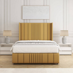 Bsspoke Elise Divan Bed Set Mustard Plush Velvet 54Inch Wingedback Headboard & Footboard & Mattress No Drawers In All Sizes - thumbnail 1