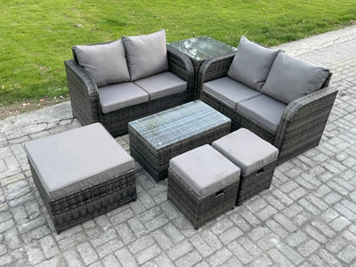Fimous 7 Seater Garden Furniture Set Rattan Outdoor Lounge Sofa Chair With Tempered Glass Table 3 Footstools Side Table - image 1