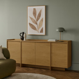 Impact Furniture Extra Large Sideboard 200Cm Wide Cabinet Storage Unit Light Oak Handleless 4 Door Modern White Washed Oak Japandi
