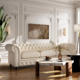 "Valencia Parma Full Aniline Leather Chesterfield 92"" Three Seats Sofa Beige Hand Made Metal Nail Heads" - thumbnail 4