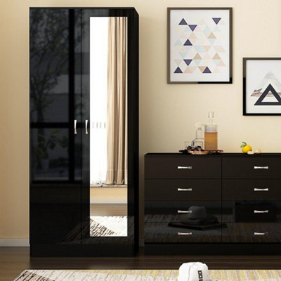 Fwstyle Chilton Black Gloss 2 Door Mirrored Double Wardrobe (H) 181.5Cm (W) 80Cm (D) 50Cm - image 1