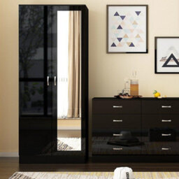 Fwstyle Chilton Black Gloss 2 Door Mirrored Double Wardrobe (H) 181.5Cm (W) 80Cm (D) 50Cm - thumbnail 1