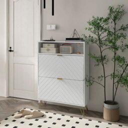 Wyld Haus Notafa White Chevron Shoe Cabinet With Gold Accents, Slim Design For Hallways, Holds Up To 12 Pairs - thumbnail 3