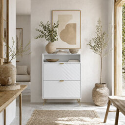 Wyld Haus Notafa White Chevron Shoe Cabinet With Gold Accents, Slim Design For Hallways, Holds Up To 12 Pairs - thumbnail 1