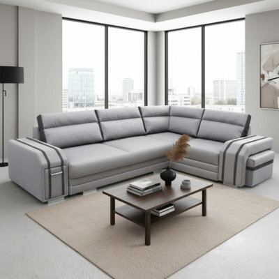 Avatar Corner Sofa Bed With Pouffe Cocktail Cabinet Foam Cushions Sinuous Springs Wood Frame 300X200Cm Light Grey And Grey Right - image 1