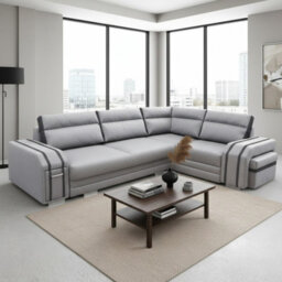 Avatar Corner Sofa Bed With Pouffe Cocktail Cabinet Foam Cushions Sinuous Springs Wood Frame 300X200Cm Light Grey And Grey Right - thumbnail 1