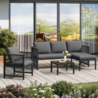 Btm Outdoor Patio Sofa Set, 4 To 5 Seater Corner Lounge Set With Glass Table, Rope Garden Furniture For Balcony & Terrace, Grey - image 1