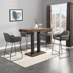 Furniture in Fashion Caprice Small Rustic Oak Wooden Bar Table 4 Brooks Grey Stools