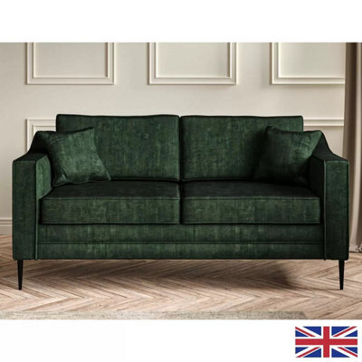 Aspen Green Velvet Large 2 Seater Sofa With Foam Seat Cushion, Piped Detailing, Black Metal Stiletto Legs & Accent Pillows - image 1