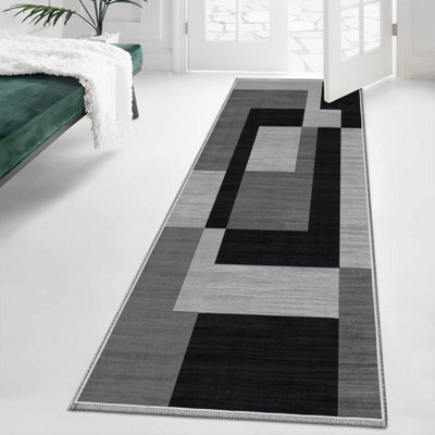 Oxford Homeware Printed Rug, Non-Slip Pets Friendly, Living Room Rugs And Hallways Runner, (Milo Black And Grey, 80X300Cm)
