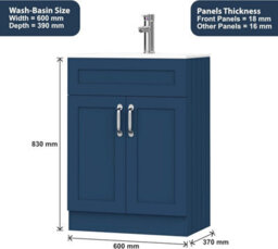 Belofay 600mm Bathroom Vanity Unit With Basin, White Ceramic Bathroom Sink With Trap And Waste, No Tap Included(Crawley Blue) - thumbnail 3